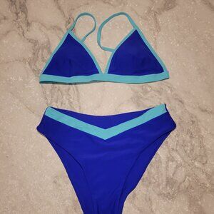 Cupshe Blue Colorblock Triangle Bikini Set | V-Waist Bottoms | Medium